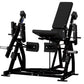 Black plate-loaded leg extension machine with padded seat and backrest, dual handles, and adjustable foot platforms on white 