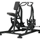 Black plate-loaded iso lateral row machine with padded chest support, dual handles, and foot platform on white background