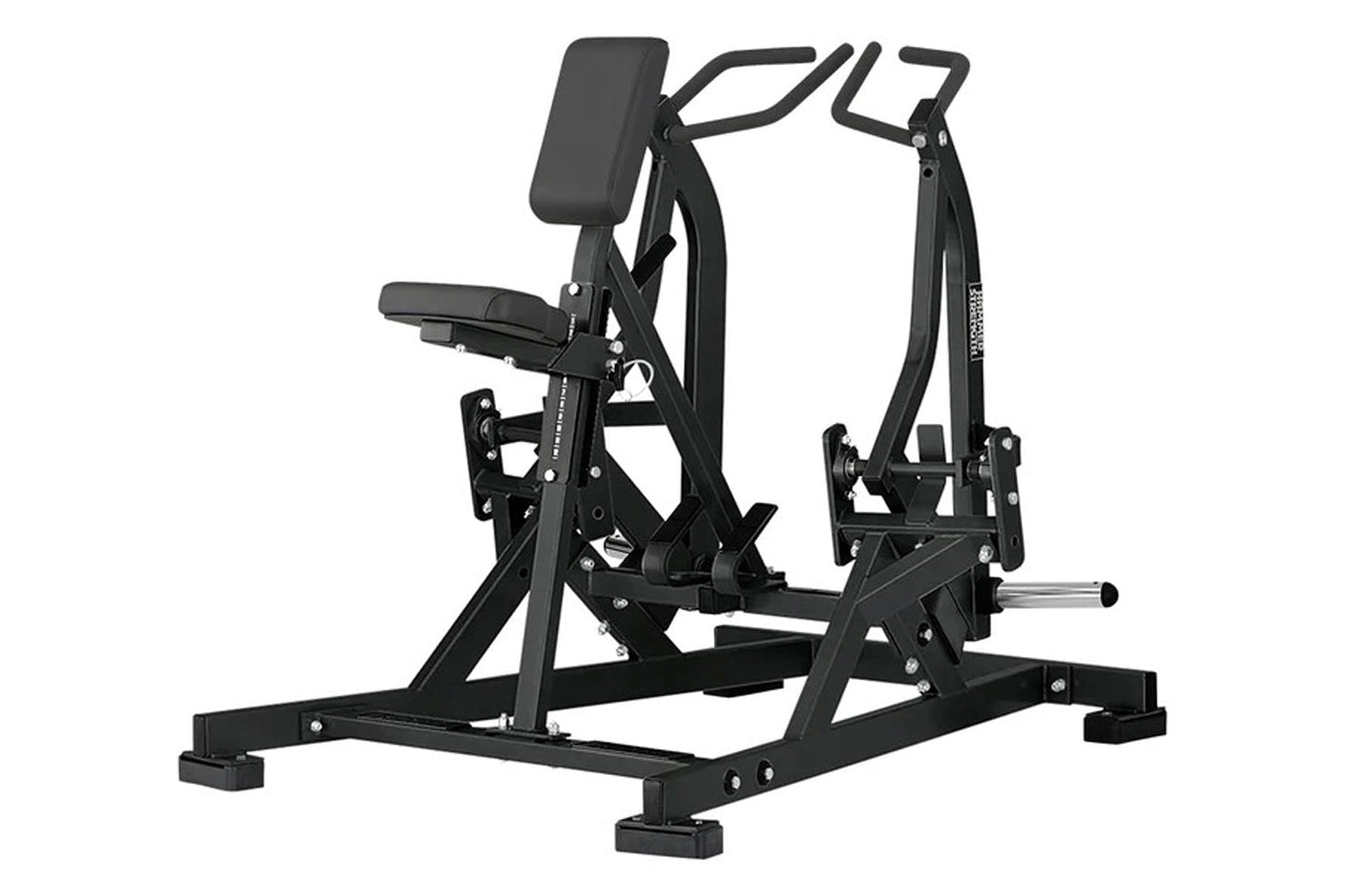 Black plate-loaded iso lateral row machine with padded chest support, dual handles, and foot platform on white background