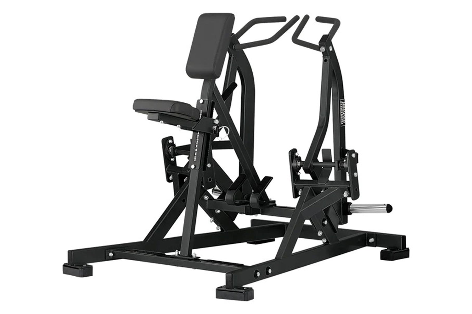 Black plate-loaded iso lateral row machine with padded chest support, dual handles, and foot platform on white background