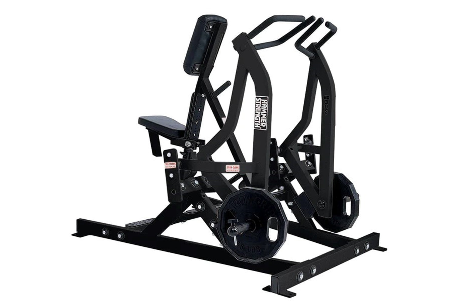 Black Hammer Strength plate-loaded iso lateral row machine with dual handles, padded seat, and weight plate storage on white 