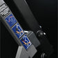 Hammer Strength plate-loaded iso-lateral shoulder press machine with blue instruction decals and gray frame, close-up detail 