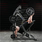 Man using Hammer Strength plate-loaded shoulder press machine in gym, lifting black weight plates overhead