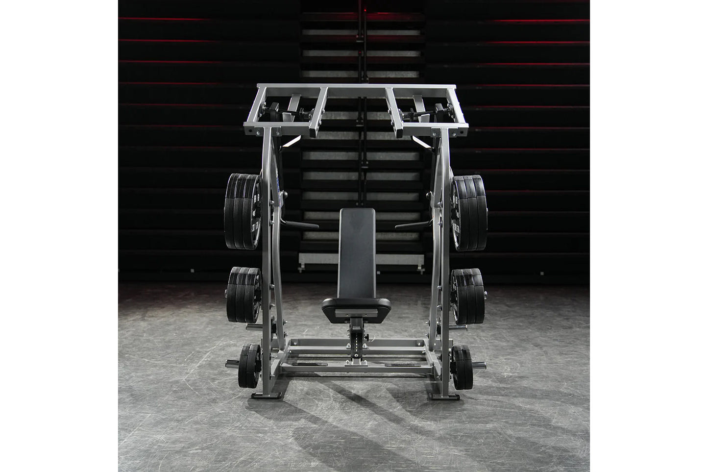 Hammer Strength plate-loaded iso-lateral shoulder press with dual weight stacks, black seat, and silver metal frame, front vi