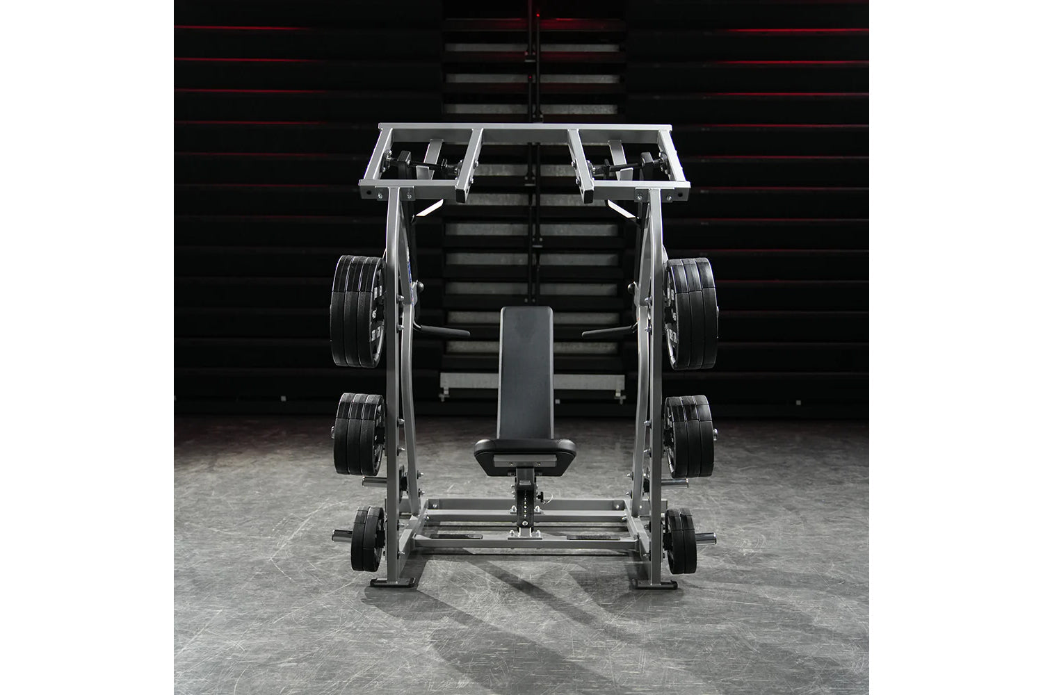 Hammer Strength plate-loaded iso-lateral shoulder press with dual weight stacks, black seat, and silver metal frame, front vi
