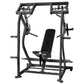 Black Hammer Strength plate-loaded iso-lateral shoulder press machine with padded seat, dual handles, and weight plate posts,