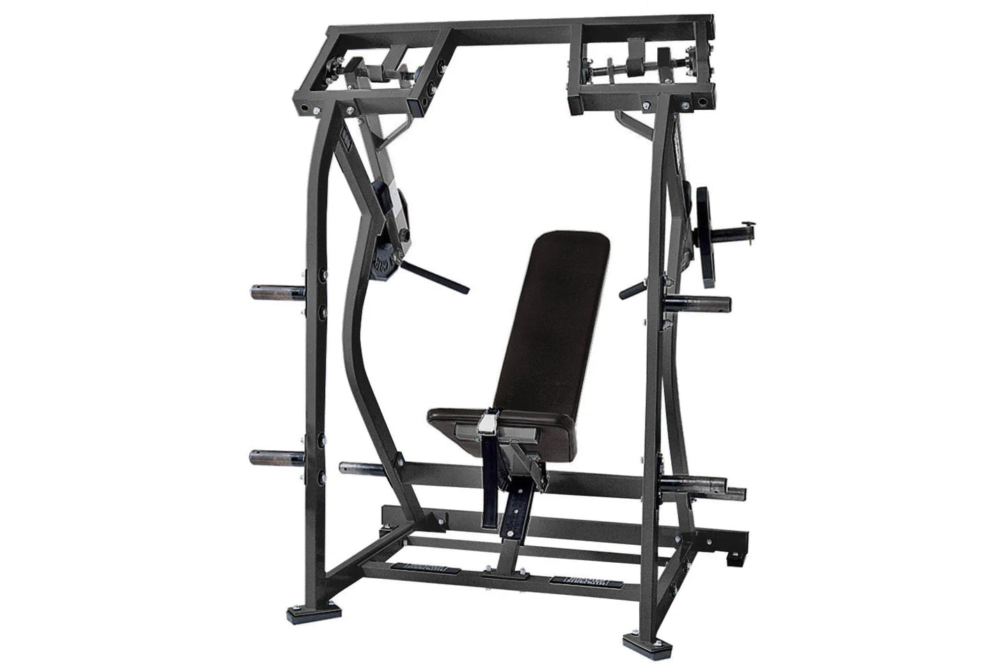 Black Hammer Strength plate-loaded iso-lateral shoulder press machine with padded seat, dual handles, and weight plate posts,