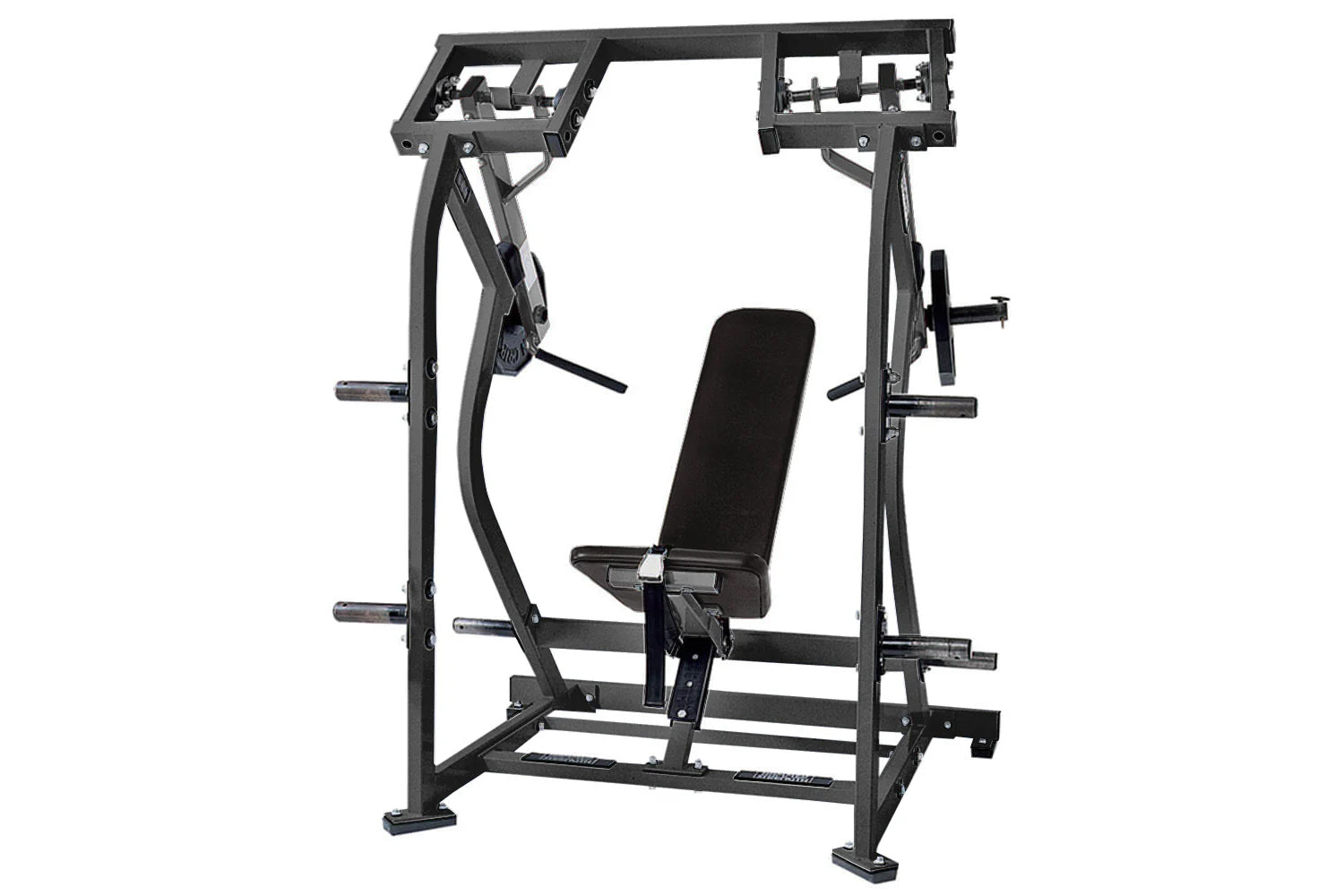 Black Hammer Strength plate-loaded iso-lateral shoulder press machine with padded seat, dual handles, and weight plate posts,