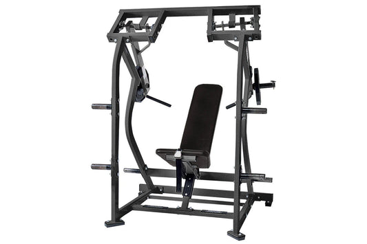 Black Hammer Strength plate-loaded iso-lateral shoulder press machine with padded seat, dual handles, and weight plate posts,