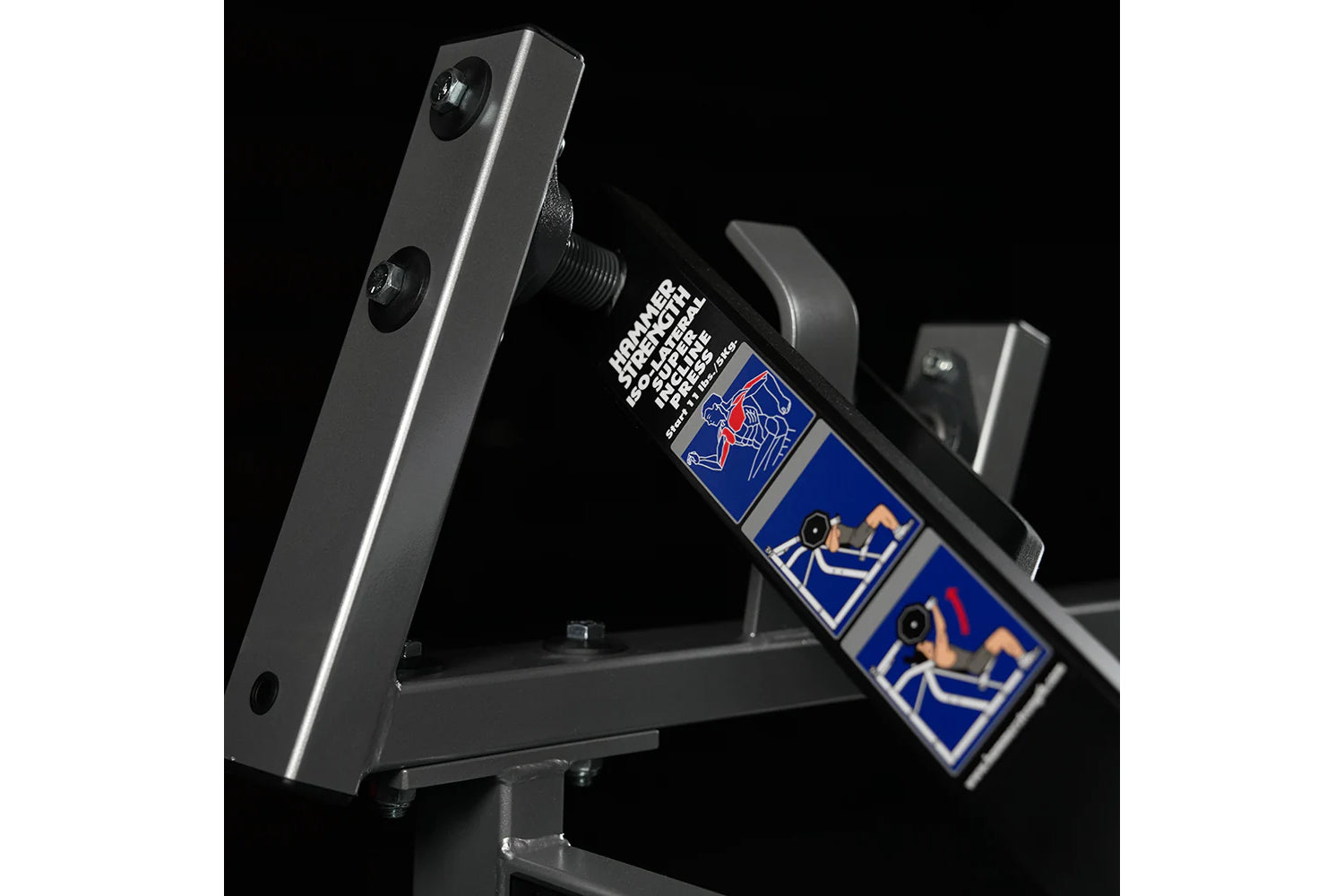 Hammer Strength plate-loaded iso-lateral super incline press machine with gray steel frame and blue instruction decals on bla
