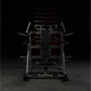 Black plate-loaded iso-lateral super incline press with dual arms and adjustable seat, front view on dark background