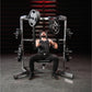 Man using black and silver plate-loaded chest press machine with weighted plates in gym setting