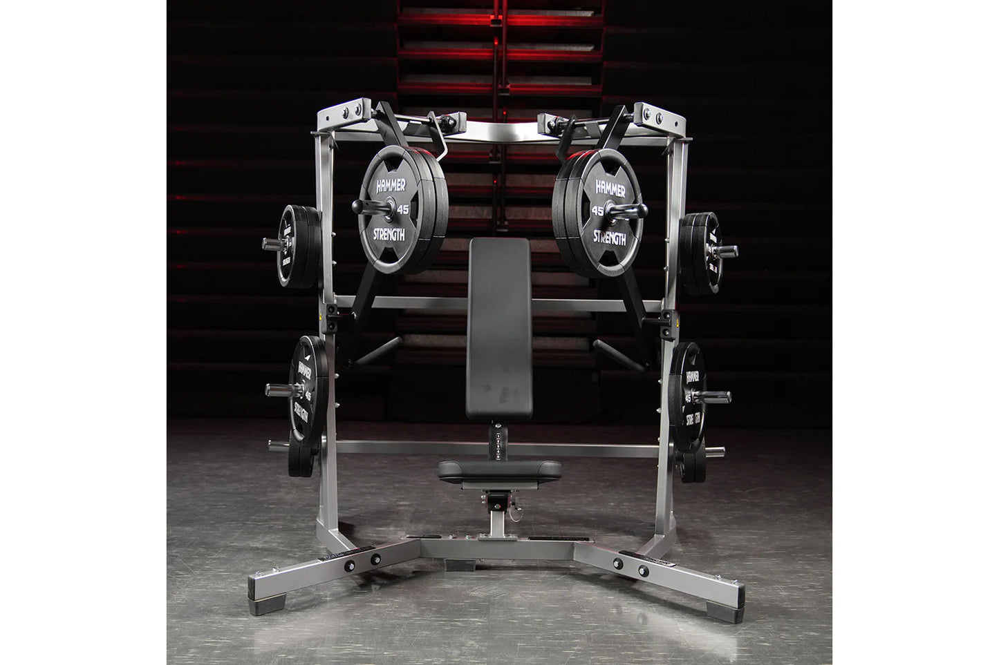 Hammer Strength plate-loaded iso-lateral wide chest press machine with silver frame, black seat, and 45-pound weight plates
