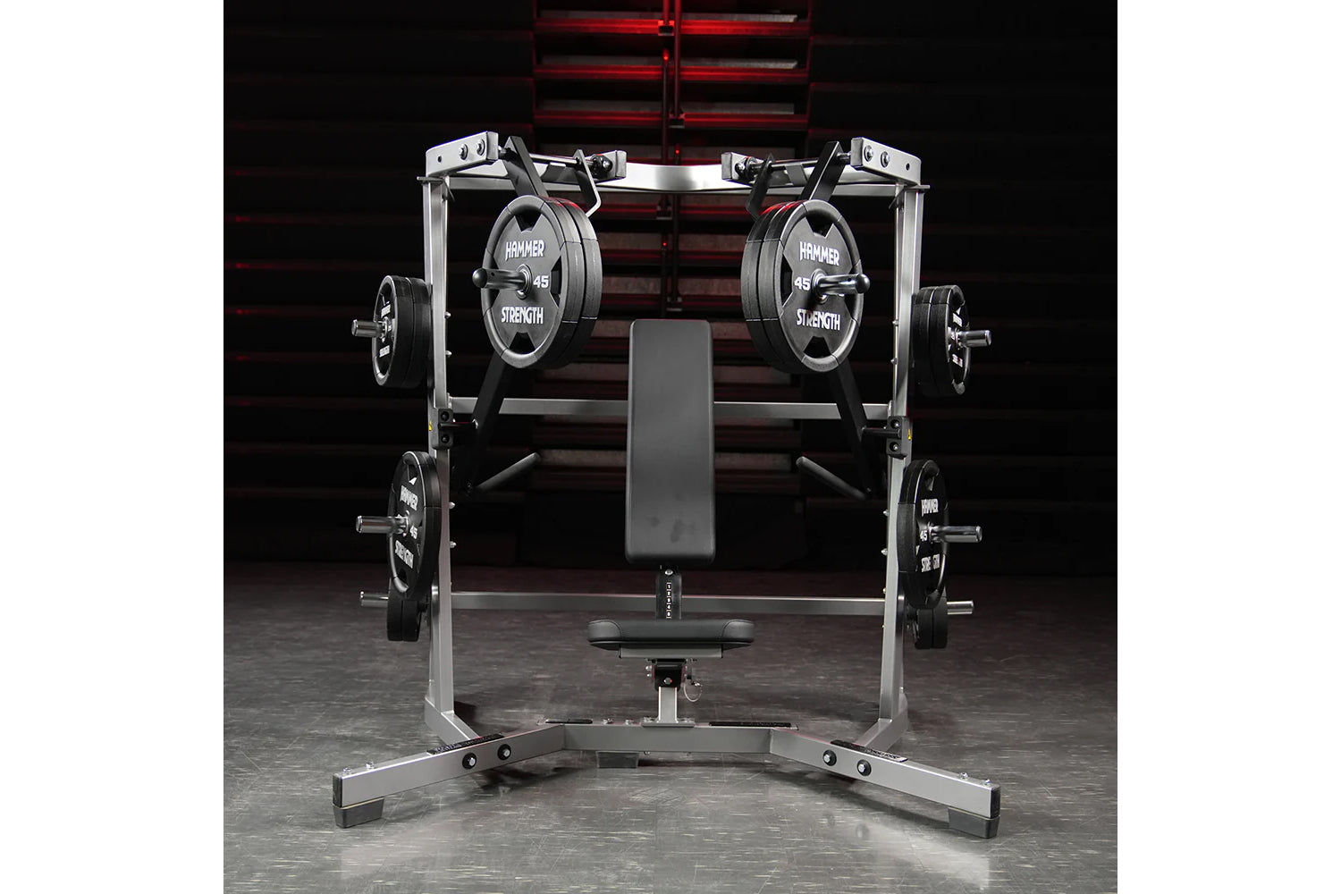 Hammer Strength plate-loaded iso-lateral wide chest press machine with silver frame, black seat, and 45-pound weight plates