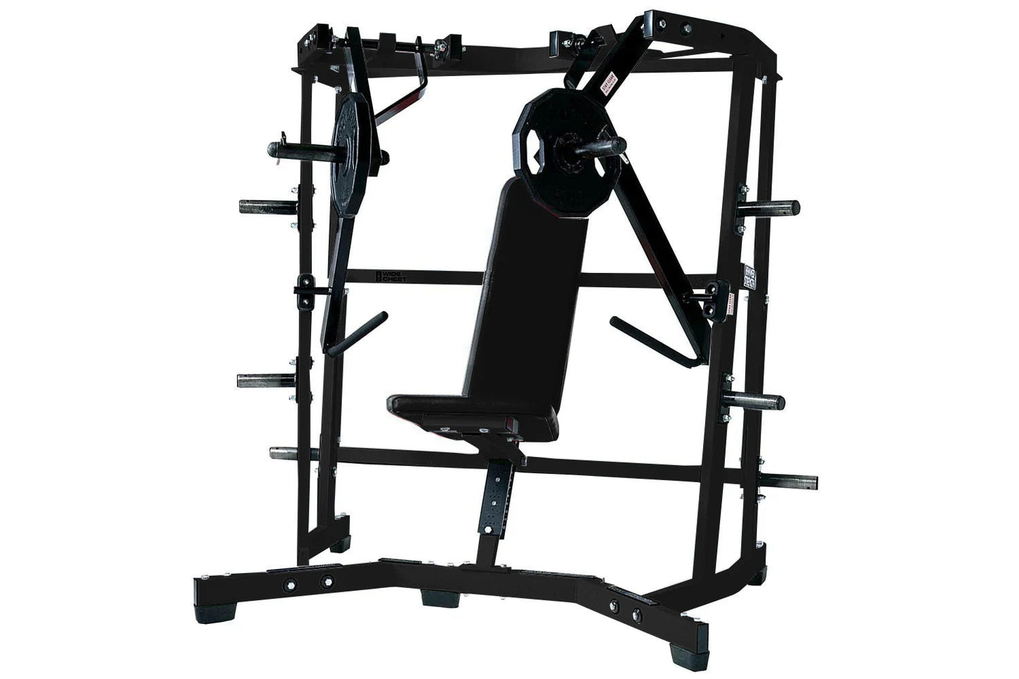 Black Hammer Strength plate-loaded iso-lateral wide chest press machine with weight plates and padded seat, isolated on white