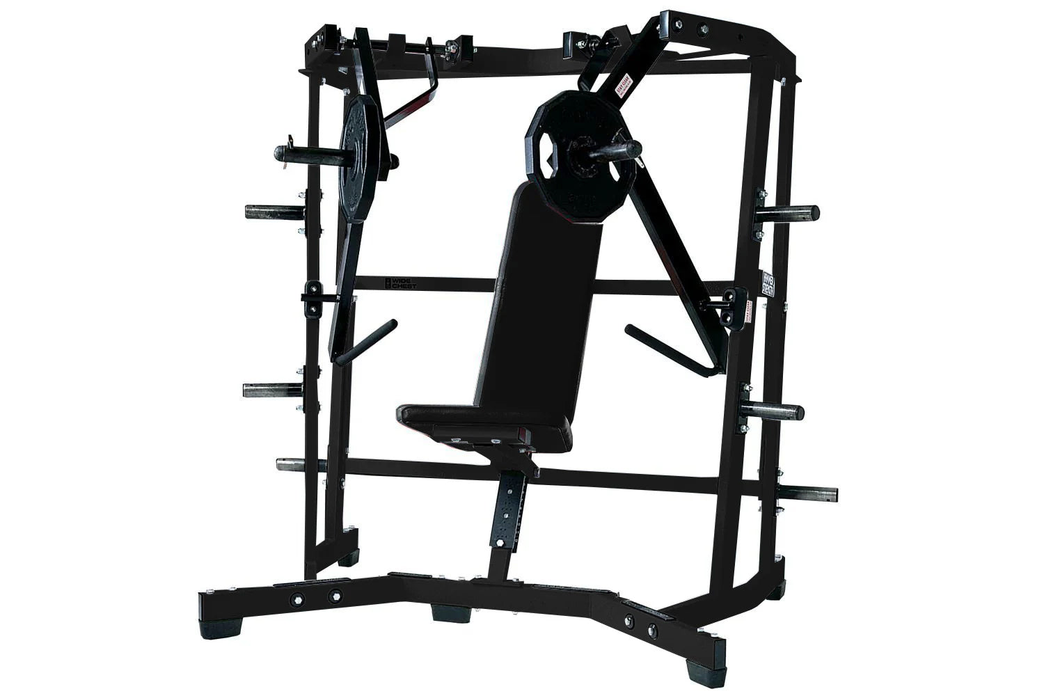 Black Hammer Strength plate-loaded iso-lateral wide chest press machine with weight plates and padded seat, isolated on white