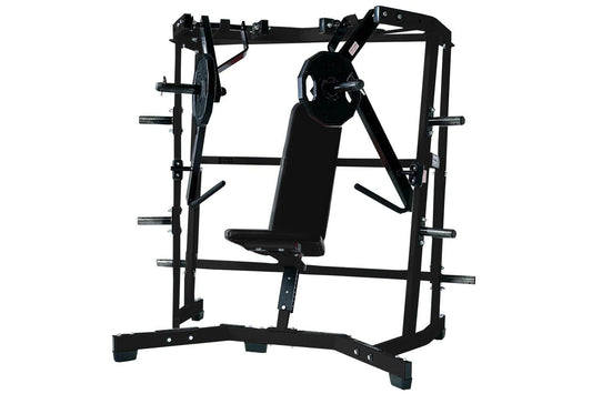 Black Hammer Strength plate-loaded iso-lateral wide chest press machine with weight plates and padded seat, isolated on white