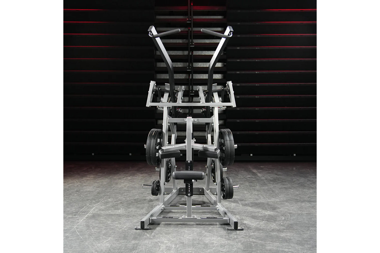 Hammer Strength plate-loaded iso-lateral wide pulldown machine with dual handles and weighted carriage on concrete floor