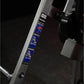 Hammer Strength plate-loaded pullover machine with silver frame, blue instruction decals, and black seat, detail view