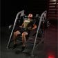 Man using gray Hammer Strength plate-loaded pullover machine in gym, wearing olive green t-shirt and black shorts
