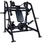 Black plate-loaded pullover machine with padded seat and backrest, metal frame, and dual handles on white background