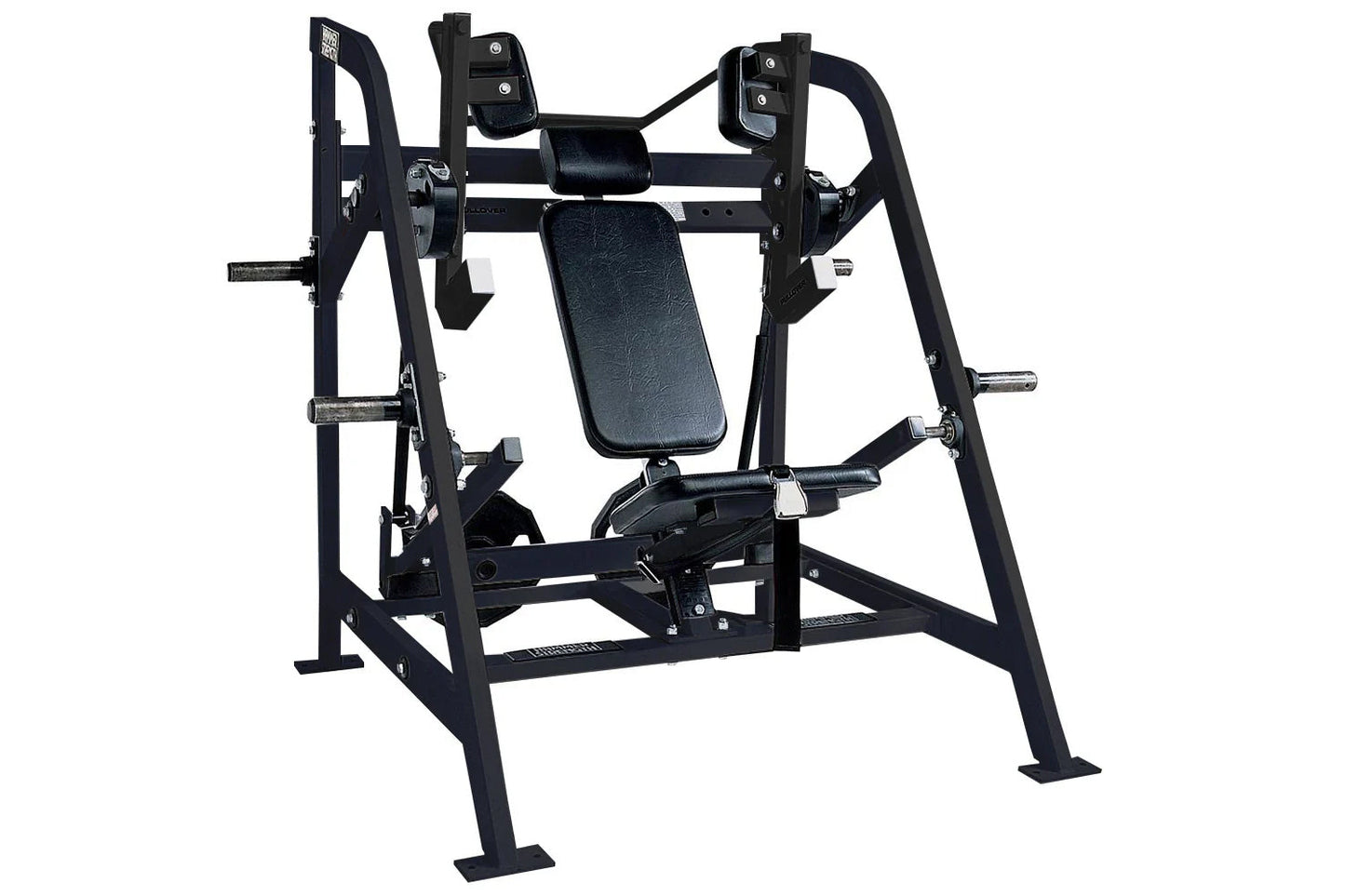 Black plate-loaded pullover machine with padded seat and backrest, metal frame, and dual handles on white background