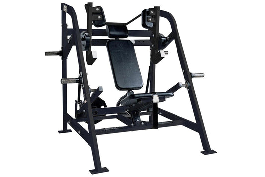 Black plate-loaded pullover machine with padded seat and backrest, metal frame, and dual handles on white background