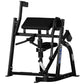 Black plate-loaded seated biceps machine with padded seat and arm supports on white background