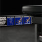 Hammer Strength plate-loaded seated calf raise machine with instruction decals showing exercise positions on blue background