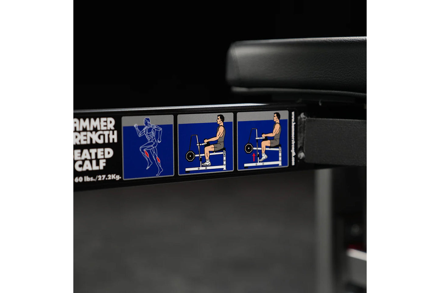 Hammer Strength plate-loaded seated calf raise machine with instruction decals showing exercise positions on blue background