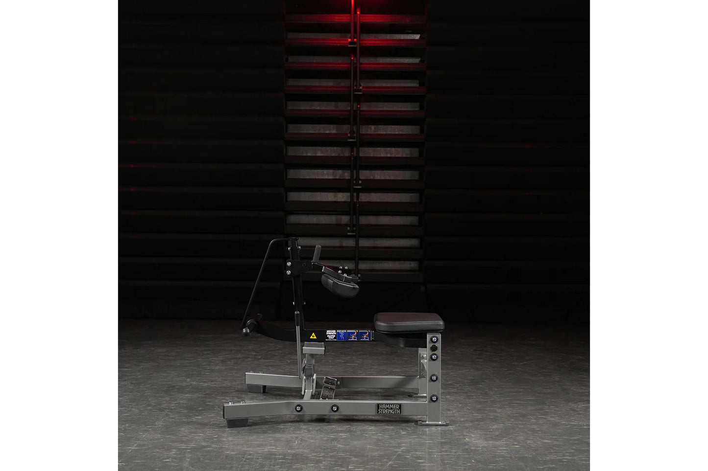 Hammer Strength plate-loaded seated calf raise machine with black seat and gray metal frame, displayed in gym setting