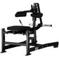 Black plate-loaded seated calf raise machine with padded seat and leg platform, chrome handles, on white background