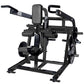 Black plate-loaded seated dip machine with gray padded seat and backrest, dual handles, and weight plate pegs on white backgr