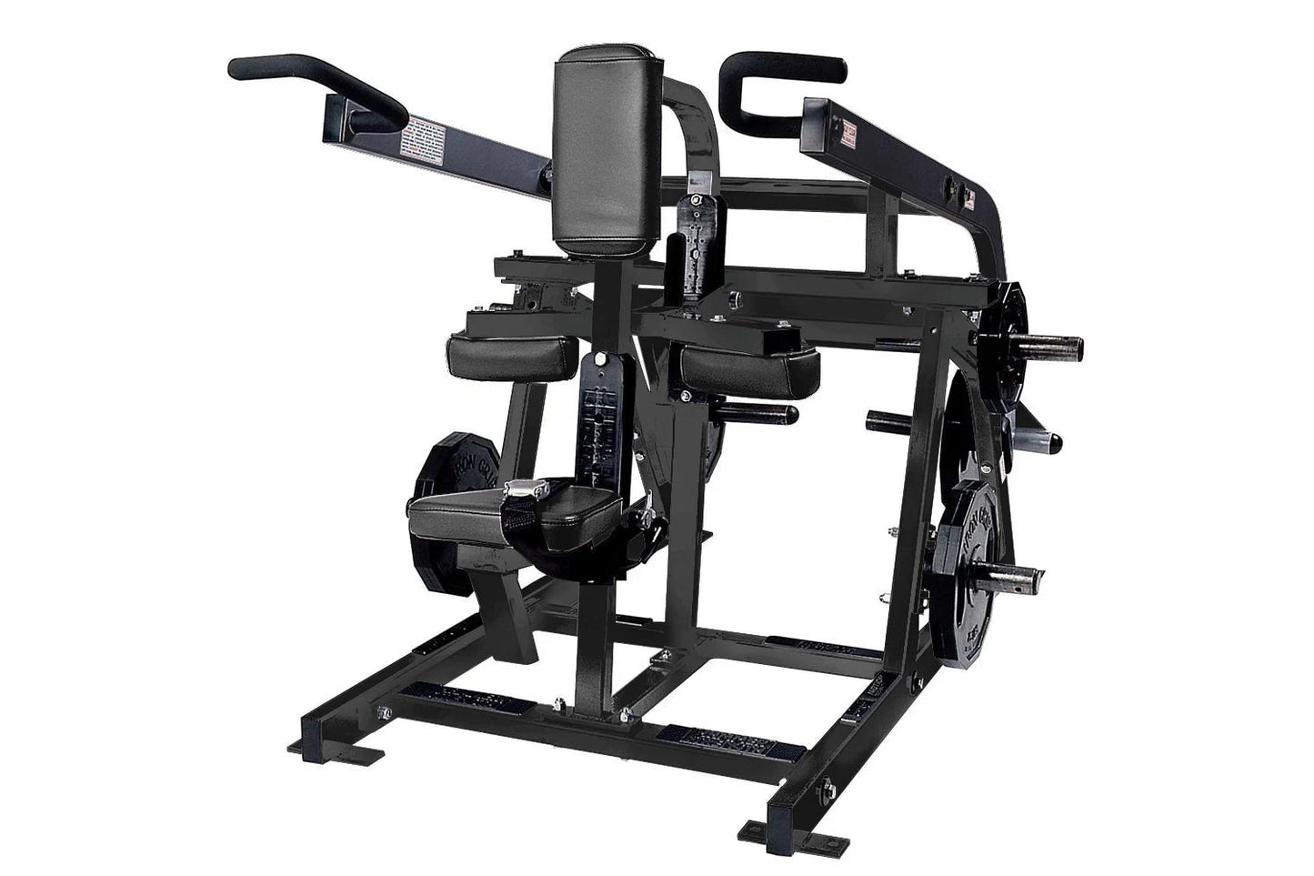 Black plate-loaded seated dip machine with gray padded seat and backrest, dual handles, and weight plate pegs on white backgr
