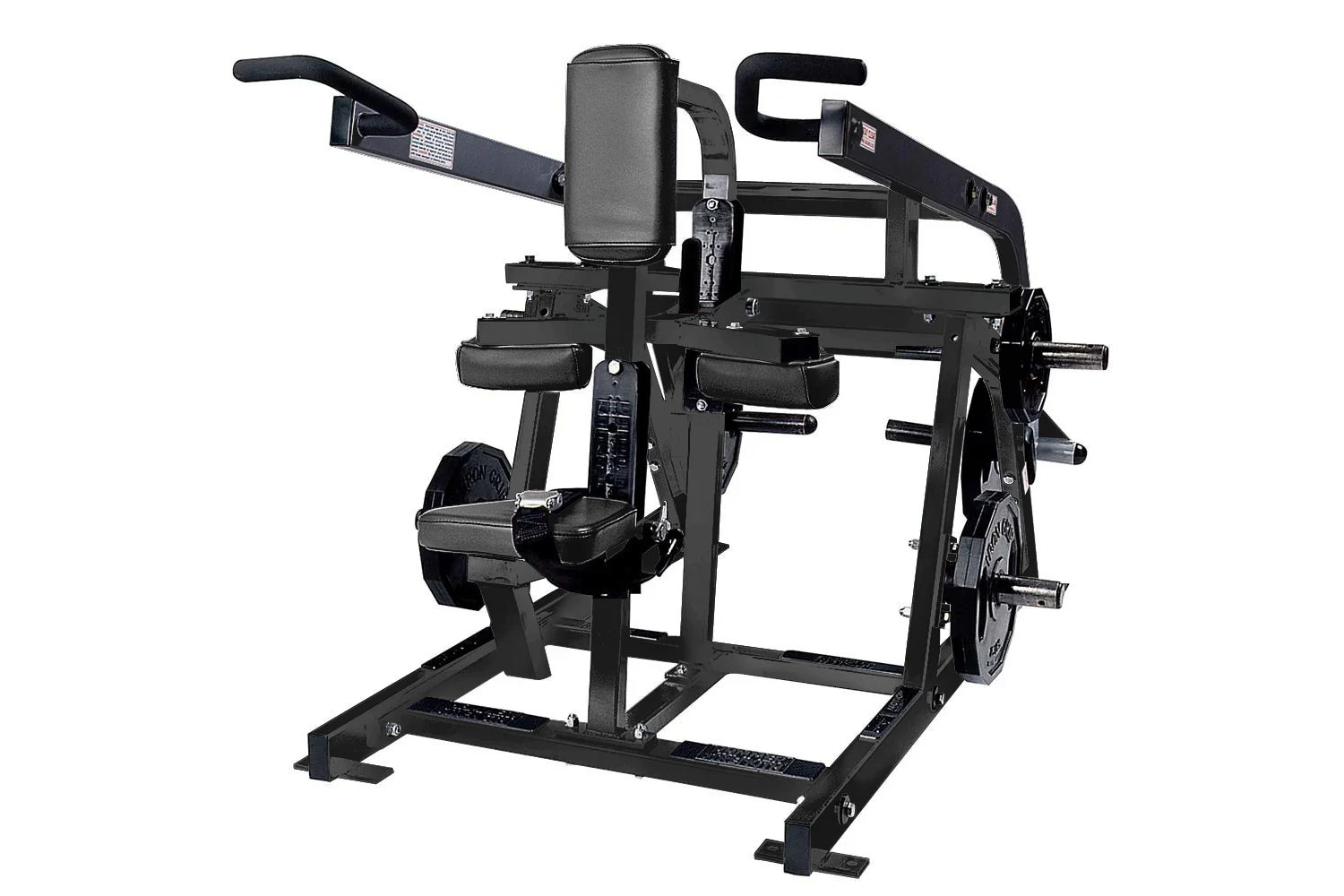 Black plate-loaded seated dip machine with gray padded seat and backrest, dual handles, and weight plate pegs on white backgr