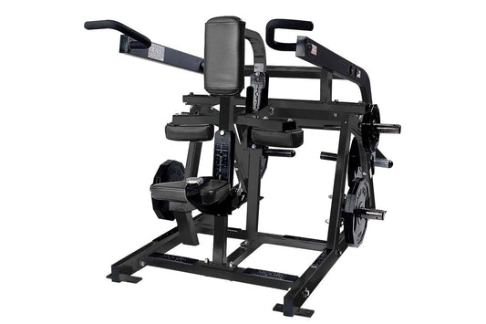 Black plate-loaded seated dip machine with gray padded seat and backrest, dual handles, and weight plate pegs on white backgr