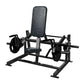 Black plate-loaded shrug machine with padded shoulder support, adjustable arms, and weight plate holders on white background
