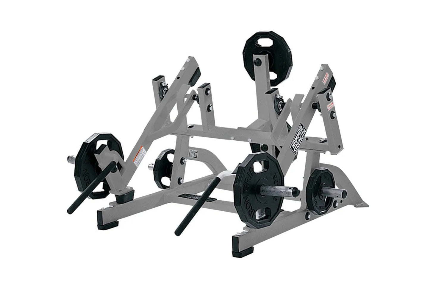 Hammer Strength plate-loaded squat high pull machine with gray steel frame, black handles, and weight plate pegs, on white ba