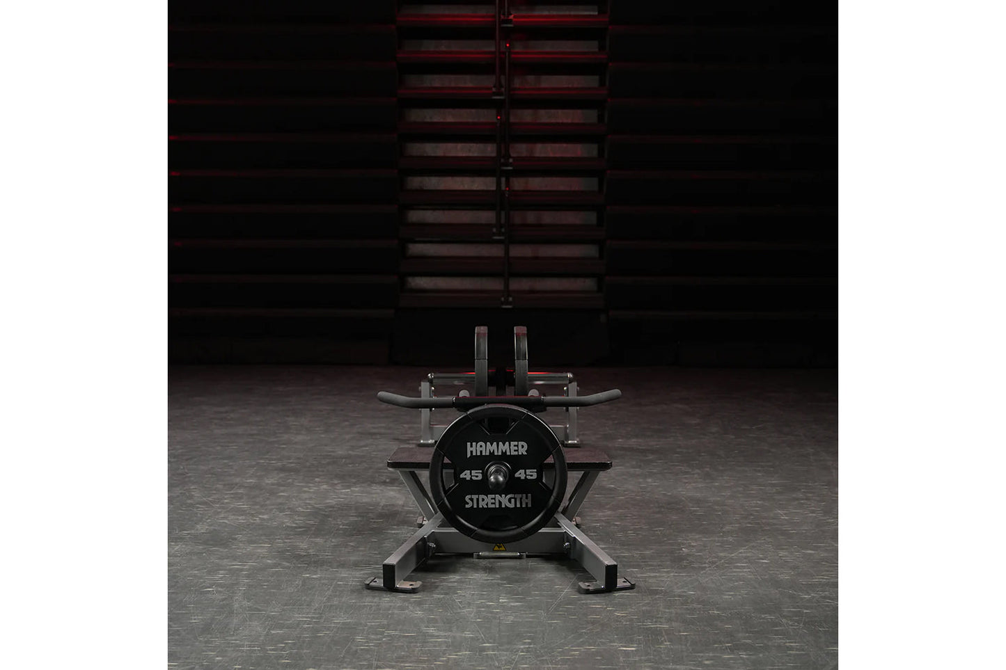 Hammer Strength plate-loaded T-bar row machine with 45-pound weight plates in industrial gym setting