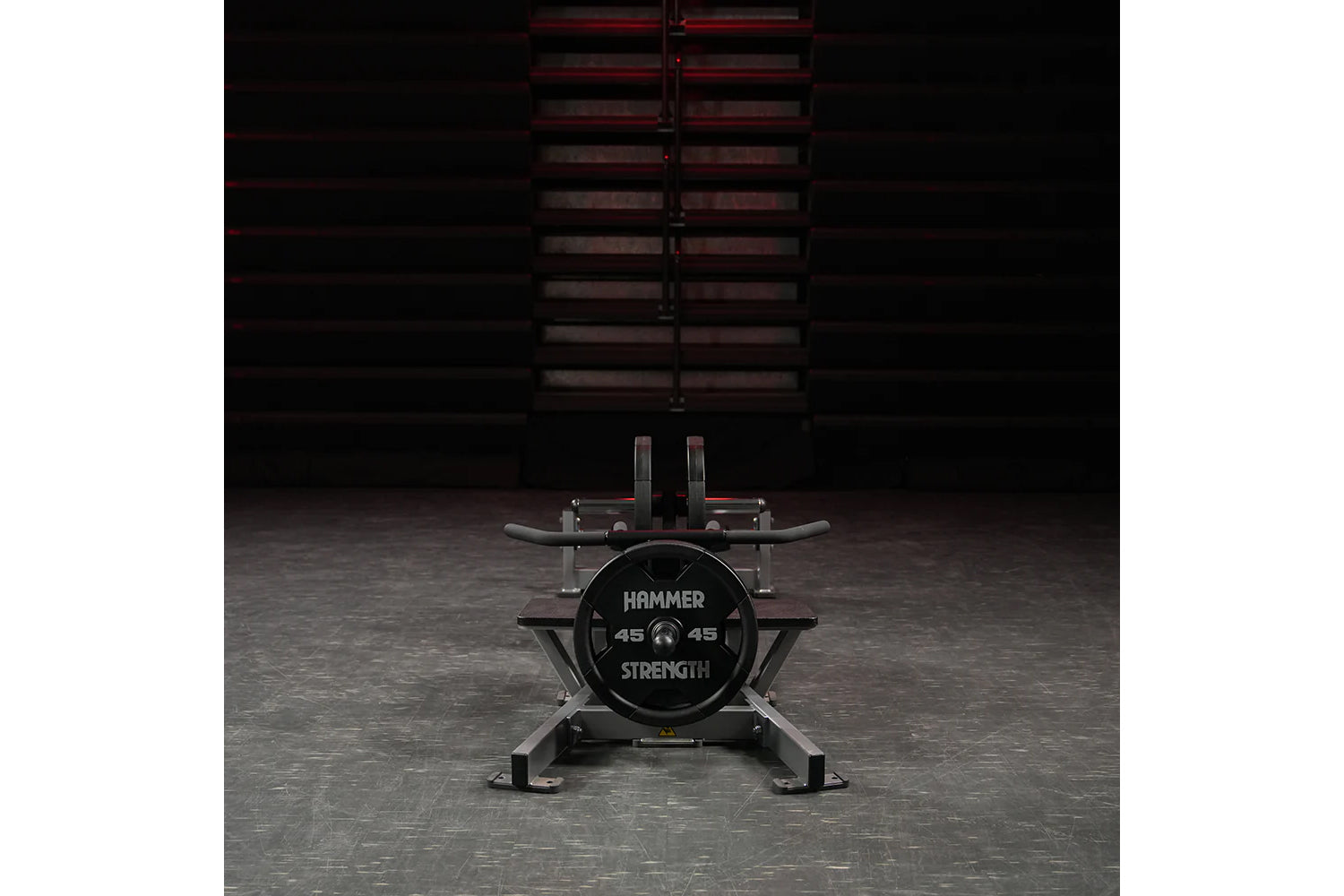 Hammer Strength plate-loaded T-bar row machine with 45-pound weight plates in industrial gym setting