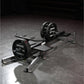 Hammer Strength plate-loaded T-bar row machine with 45-pound weights loaded on barbell, featuring foam handles and steel fram