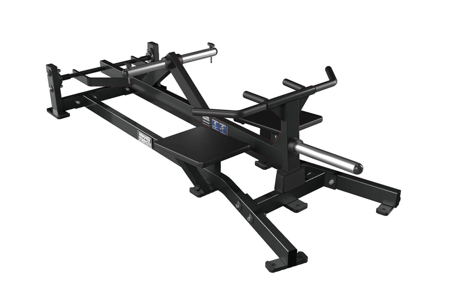 Black plate-loaded T-bar row machine with metal handles and cylindrical weight posts on white background
