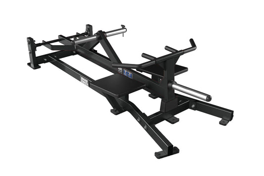 Black plate-loaded T-bar row machine with metal handles and cylindrical weight posts on white background