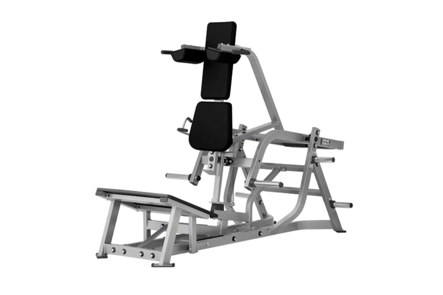 Hammer Strength plate-loaded V-squat machine with gray steel frame, black padded seat and backrest on white background