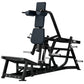 Black plate-loaded V-squat machine with padded seat and backrest, adjustable arm supports, and metal frame on white backgroun
