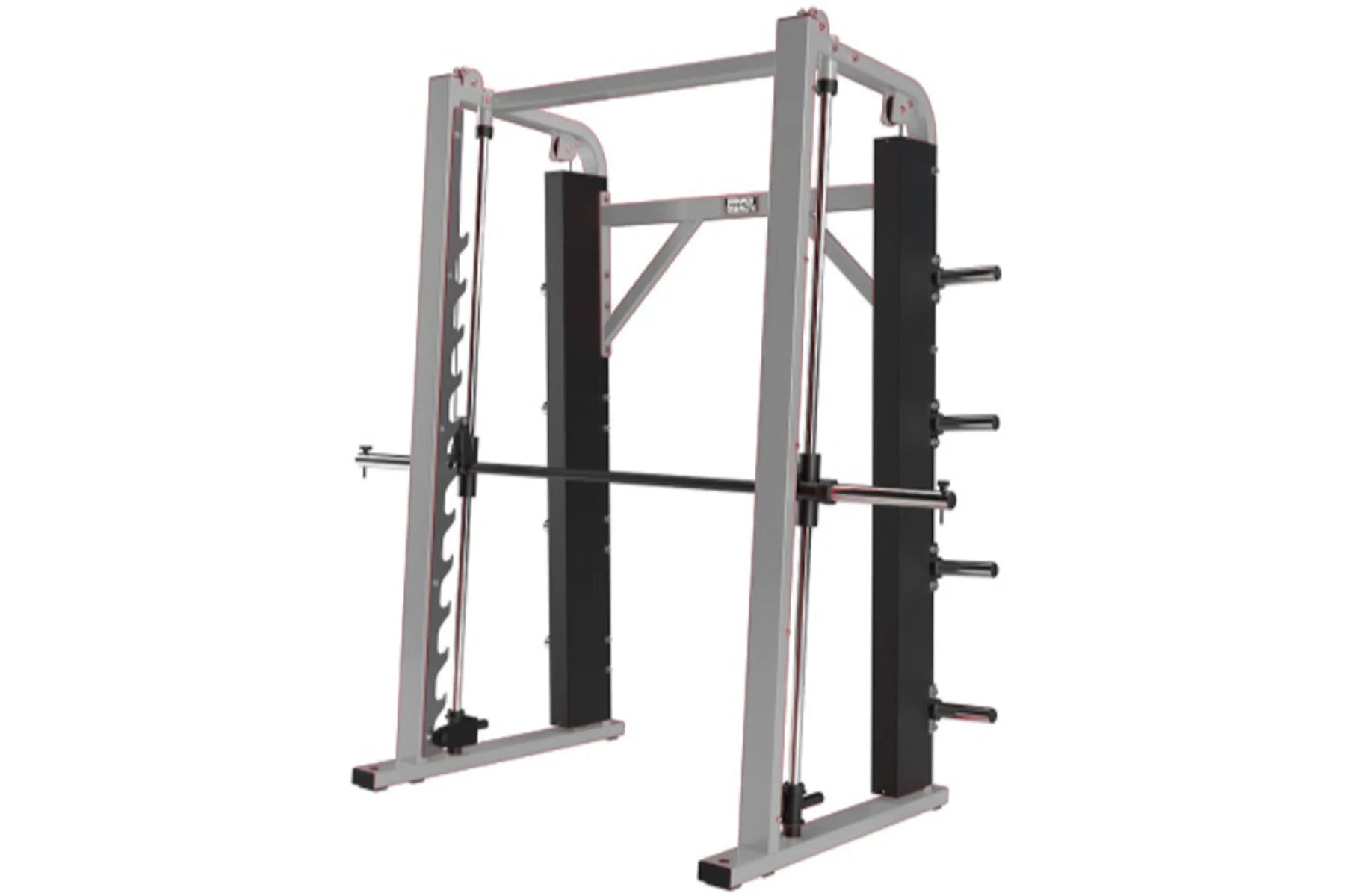 Gray and black plate-loaded Smith machine with dual weight pegs, padded uprights, and horizontal barbell on white background