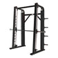 Black steel plate loaded vertical smith machine with adjustable safety bars and guide rails on white background