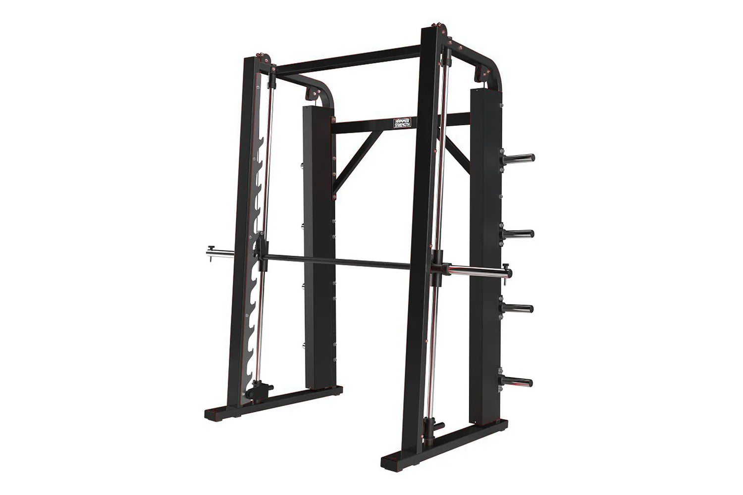 Black steel plate loaded vertical smith machine with adjustable safety bars and guide rails on white background