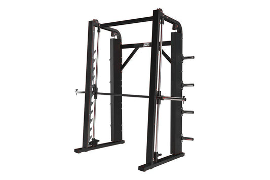Black steel plate loaded vertical smith machine with adjustable safety bars and guide rails on white background