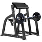 Black Hammer Strength seated arm curl machine with padded seat, barbell weight plate, and curved handles on white background